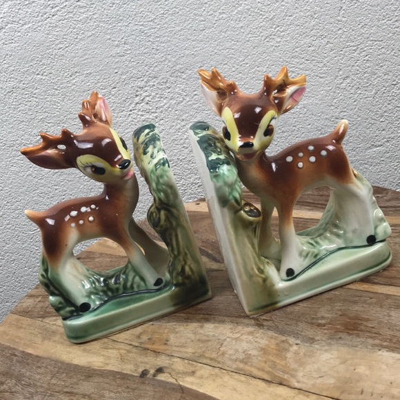 Vintage Other - Vintage l 40s 50s Pastel Ceramic Bambi Baby Deer Fawn Fairytale Kitsch Bookends